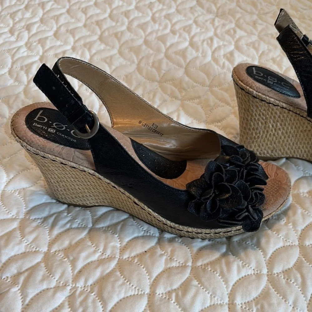 b.o.c. Black Espadrille Slingback 3.5” Straw Woven Heels Shoes Floral Sandals